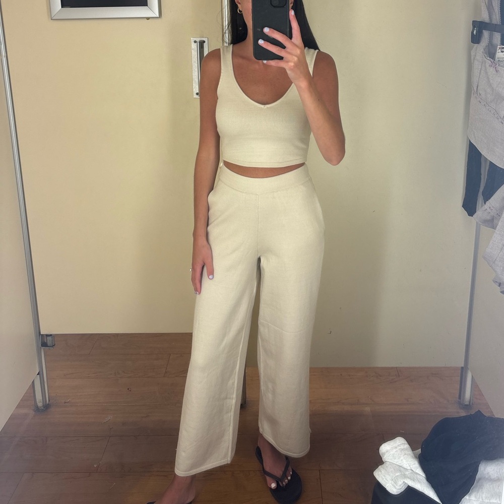 Cream Wide Leg Pants & Crop Top Set